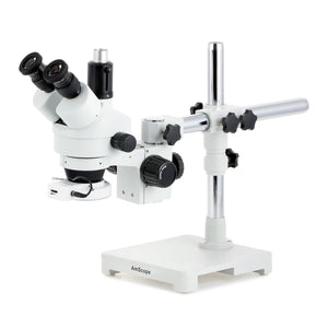 7X-45X Trincocular Simul-Focal Stereo Zoom Microscope w/144 LED Compact Ring Light on Single Arm Boom Stand