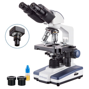 AmScope B120 Series Student & Professional LED Binocular Compound Microscope 40X-2500X Magnification with Siedentopf Head, 3D Mechanical Stage and 14MP USB 2.0 C-mount Camera
