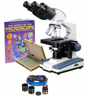 AmScope B120 Series Binocular Compound Microscope 40X-2500X Magnification with LED, Siedentopf Head, 100 Prepared Slides, Book and 3MP Digital Camera