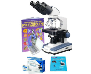 Amscope 40X-2500X Binocular LED Compound Microscope Kit + Book+Slides+Paper