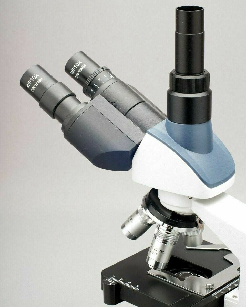 AmScope T120 Series Trinocular LED Compound Microscope 40X to 2500X Magnification with Siedentopf Head + 5MP Digital Eyepiece