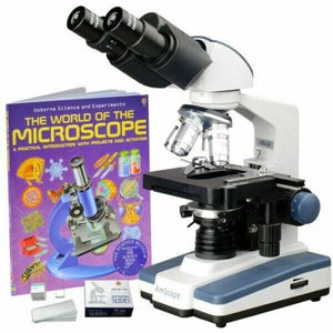 2500X LED Lab Binocular Compound Microscope w/ 3D Stage, Book & Blank Slide Set