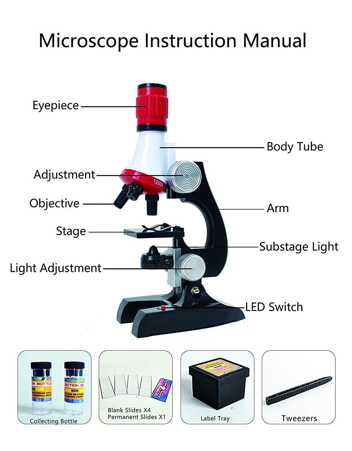 AmScope Kids Beginner Compound Microscope 100X-1200X Magnification LED Toy Set with Slides Preparation Kit and Microscope Book