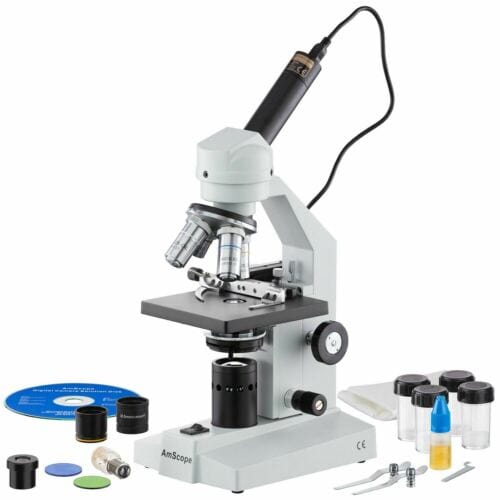 AmScope M500 Series Biological Student Cordless Monocular Compound Microscope 40X-2500X Magnification with LED, Mechanical Stage and USB Digital Eyepiece Camera