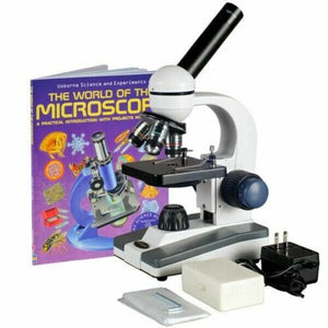 40X-1000X Portable LED Monocular Student Microscope + 25 Prepared Slides + Microscope Book