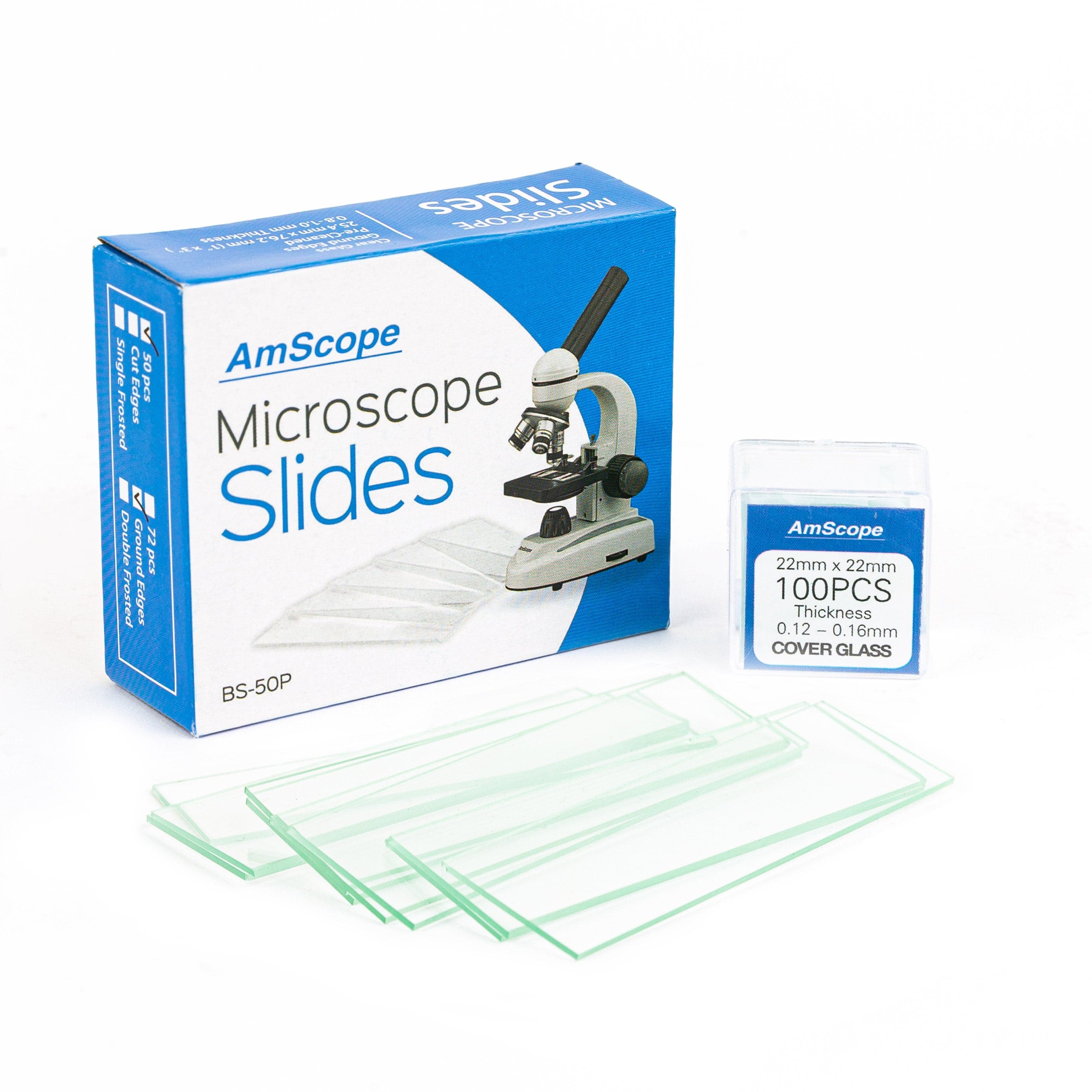 AmScope 4 Pack 50 Pre-Cleaned Blank Microscope Slides and 100 22x22mm Square Cover Glass