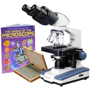 AmScope B120 Series Binocular Compound Microscope 40X-2000X Magnification with LED, Siedentopf Head, 100 Prepared Slides, Book and 5MP Digital Camera