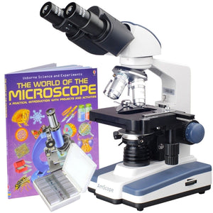 AmScope B120 Series Binocular Compound Microscope 40X-2000X Magnification with LED, Siedentopf Head, 25 Prepared Slides, Book and 1MP Digital Camera
