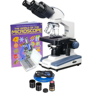 40X-2500X Binocular LED Compound Microscope w/ Siedentopf Head + 25 Prepared Slides + Book + 1.3MP Digital Camera