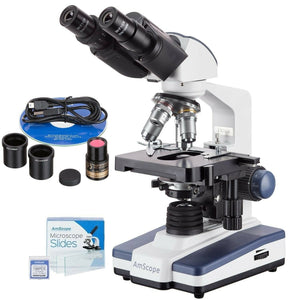 AmScope B120 Series Binocular Compound Microscope 40X-2500X Magnification with LED, Siedentopf Head, 50 Blank Slides and 1MP Digital Camera