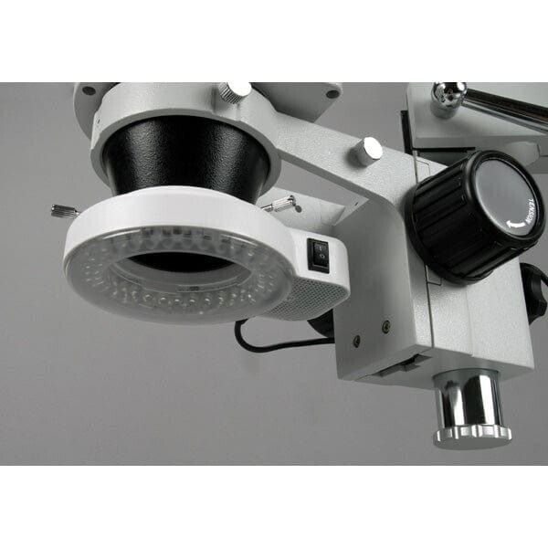 AmScope SM-4 Series Zoom Binocular Stereo Microscope 7X-45X Magnification with 144 LED Compact Ring Light on Double Arm Boom Stand