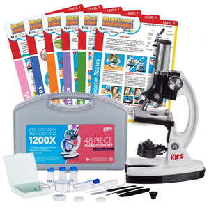 AMSCOPE-KIDS 120X-1200X 48pc Metal Arm Educational Starter Biological Microscope Kit and Experiment Cards