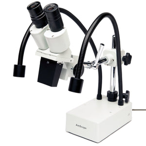 20X Compact Fixed-Lens Stereo Boom-Arm Microscope with Dual Gooseneck LED Lights