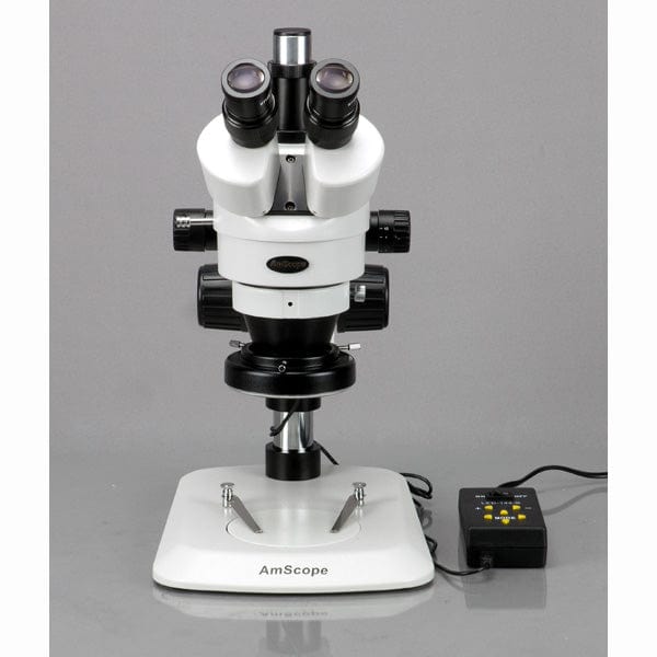 AmScope SM-1 Series Industrial Inspection Zoom Trinocular Stereo Microscope with Multi-Zone 144 LED and Optional Digital Camera on Pillar Stand with Small Base