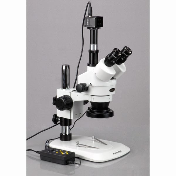 AmScope SM-1 Series Industrial Inspection Zoom Trinocular Stereo Microscope with Multi-Zone 144 LED and Optional Digital Camera on Pillar Stand with Small Base