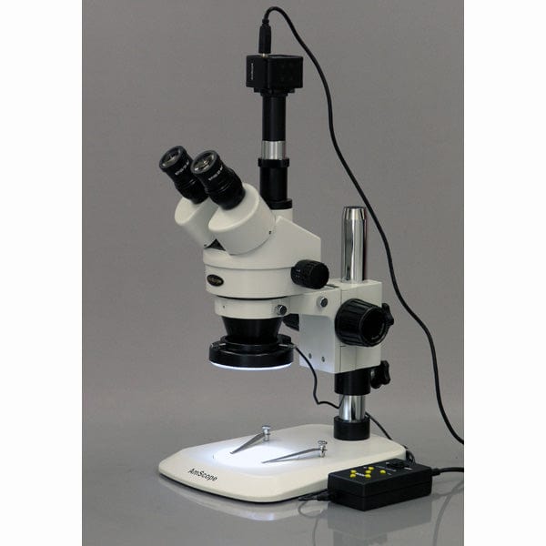 AmScope SM-1 Series Industrial Inspection Zoom Trinocular Stereo Microscope with Multi-Zone 144 LED and Optional Digital Camera on Pillar Stand with Small Base