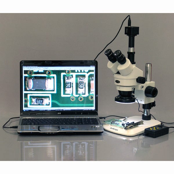 AmScope SM-1 Series Industrial Inspection Zoom Trinocular Stereo Microscope with Multi-Zone 144 LED and Optional Digital Camera on Pillar Stand with Small Base