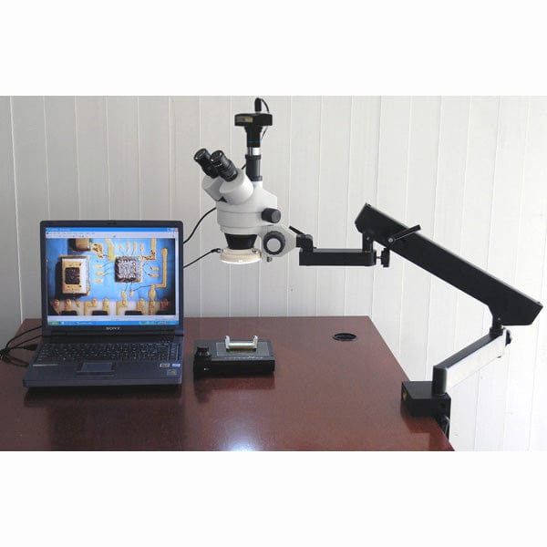 AmScope SM-6 Series Zoom Trinocular Stereo Microscope 7X-90X Magnification on Articulating Arm with Ring Light